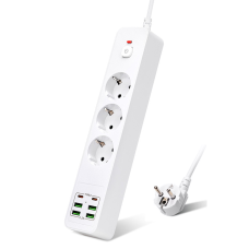 Удължител No brand, 3 гнезда, 250V, 10A, Кабел, 1.8м., 4 x USB-F, 2 x USB-C, С ключ, Бял - 17967