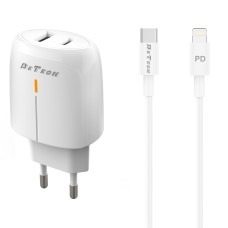 Мрежово зарядно устройство DeTech DE-31PDL, 20W, С Type-C към Lightning кабел, 1 x Type-C F, 1 x USB F, PD, QC, Бял - 40323