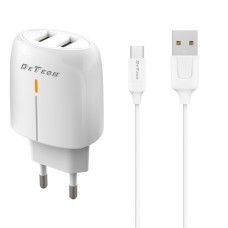 Мрежово зарядно устройство DeTech DE-32QCM, 18W, С Micro USB кабел, 2 x USB F, QC, Бял - 40325