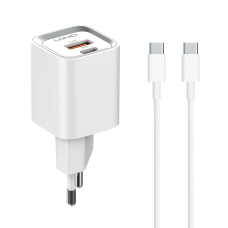 Мрежово зарядно устройство LDNIO A2318C, 20W, 1 x Type-C F, 1 x USB F, PD, QC, С PD Type-C кабел, Бял - 40292