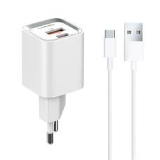 Мрежово зарядно устройство LDNIO A2318C, 20W, 1 x Type-C F, 1 x USB F, PD, QC, С Type-C кабел, Бял - 40291